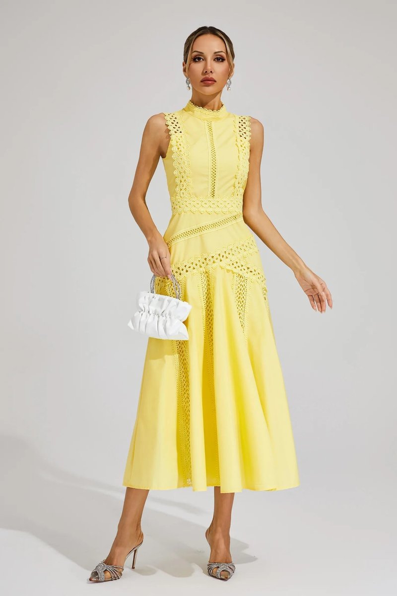 Women's Sleeveless Cutwork Lace-Panel Midi Wedding Guest Dress
