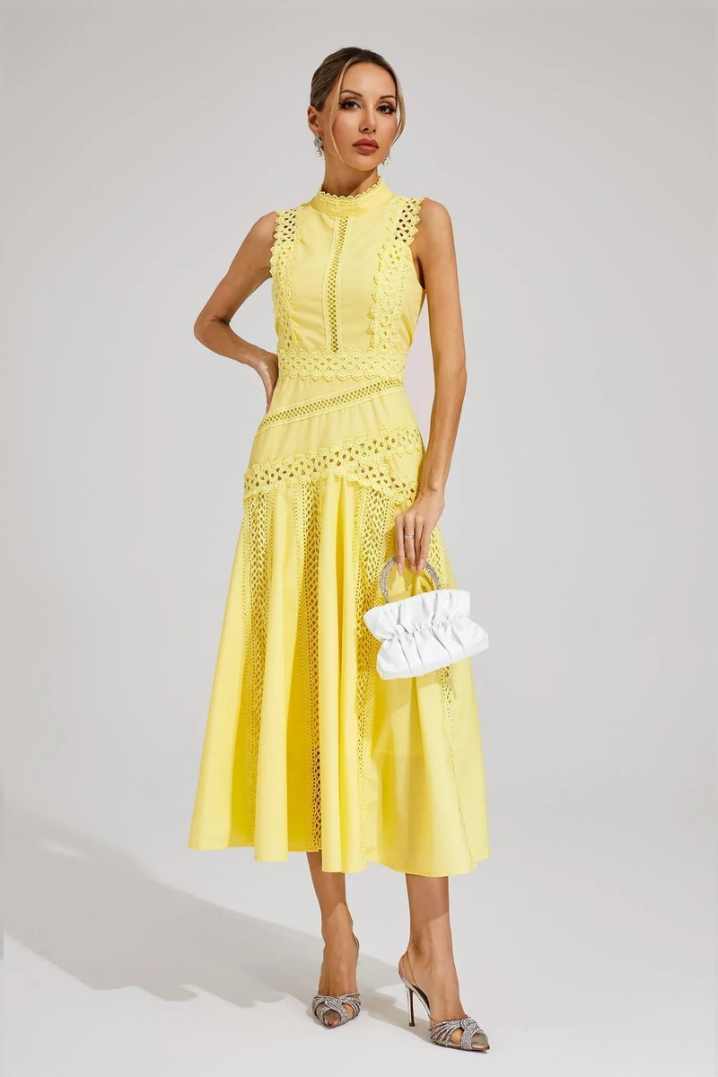 Women's Sleeveless Cutwork Lace-Panel Midi Wedding Guest Dress