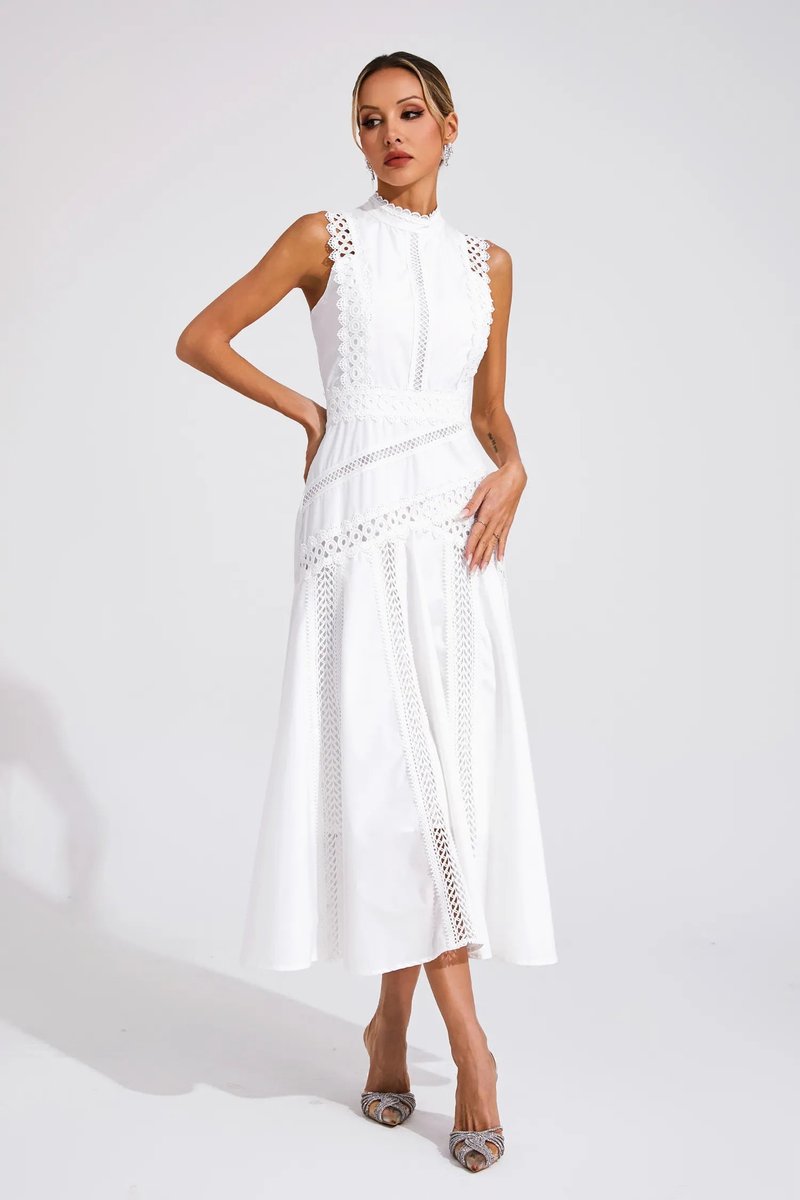 Women's Sleeveless Cutwork Lace-Panel Midi Wedding Guest Dress - White