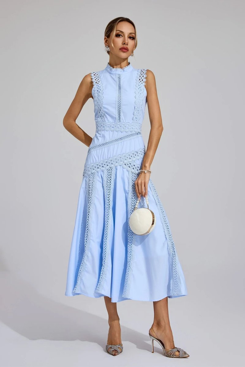 Women's Sleeveless Cutwork Lace-Panel Midi Wedding Guest Dress - Blue