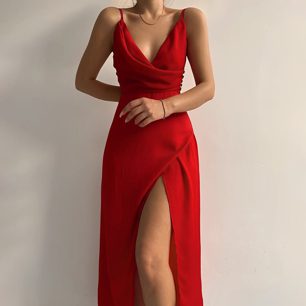 Women's Sleeveless Deep V Neck Dress Wrap Maxi Side Slit - Red