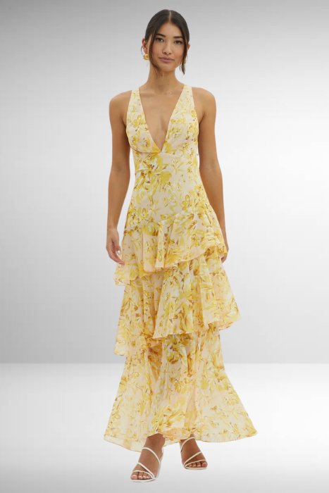 Women's Sleeveless Deep V-Neck Ruffled Tiered Maxi Dresses - Yellow