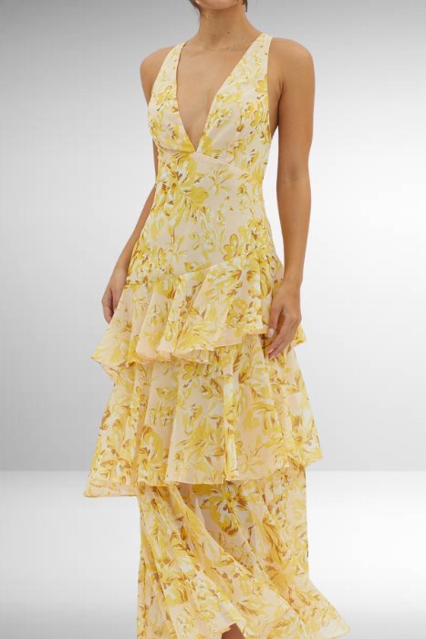Women's Sleeveless Deep V-Neck Ruffled Tiered Maxi Dresses