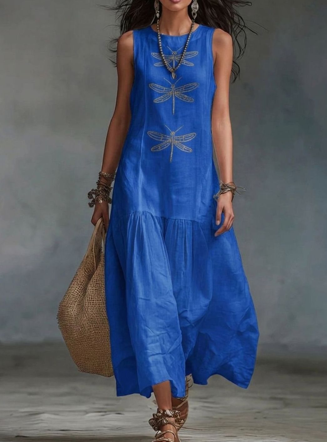 Women's Sleeveless Dragonfly Embroidered Relaxed-Fit Maxi Dress - Blue