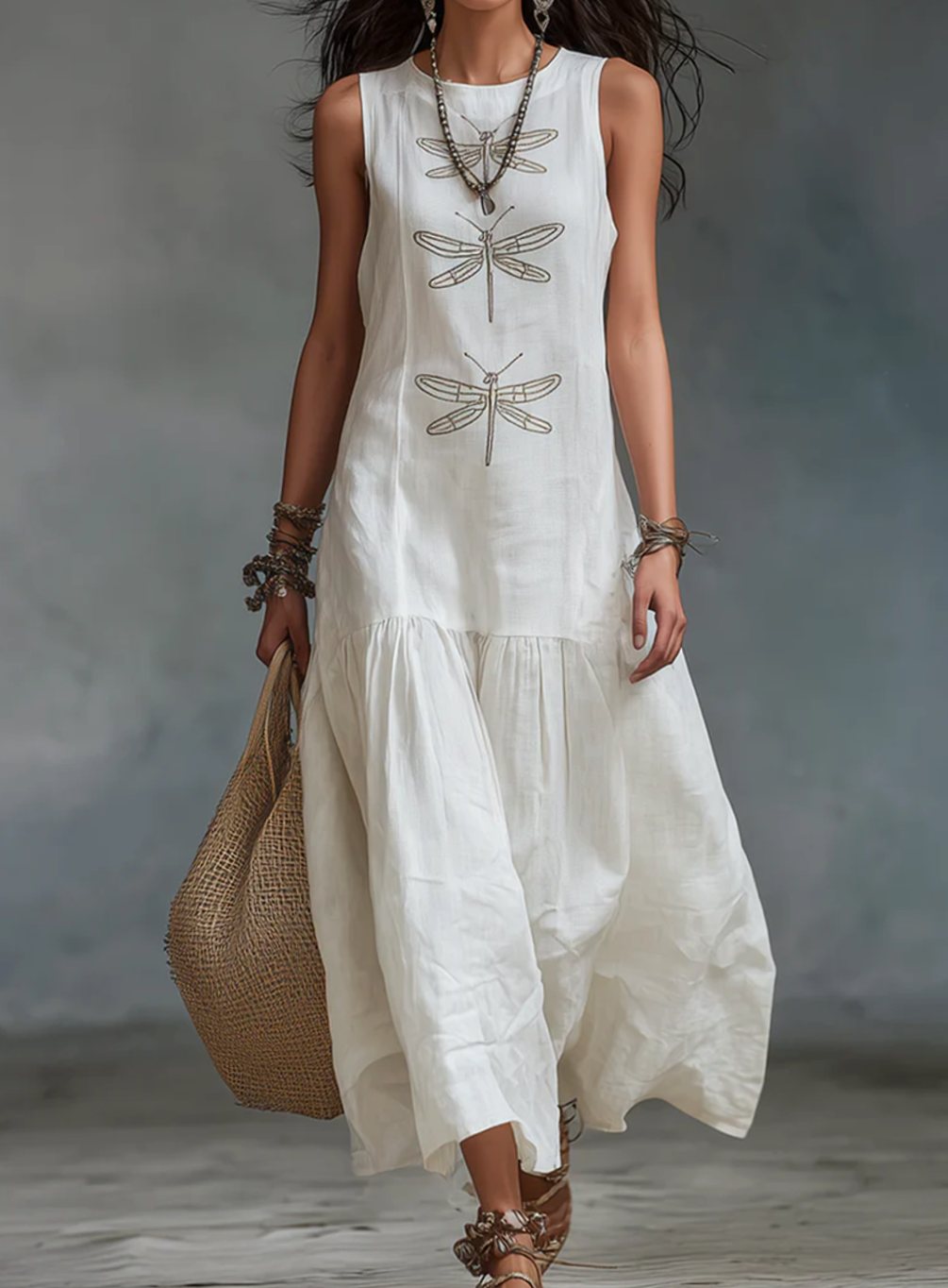 Women's Sleeveless Dragonfly Embroidered Relaxed-Fit Maxi Dress - White