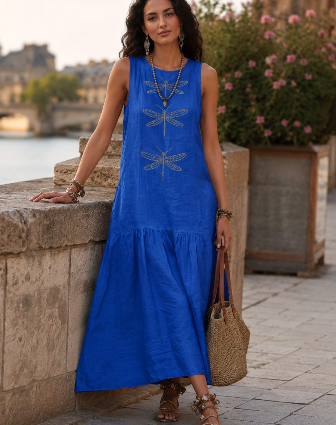 Women's Sleeveless Dragonfly Embroidered Relaxed-Fit Maxi Dress