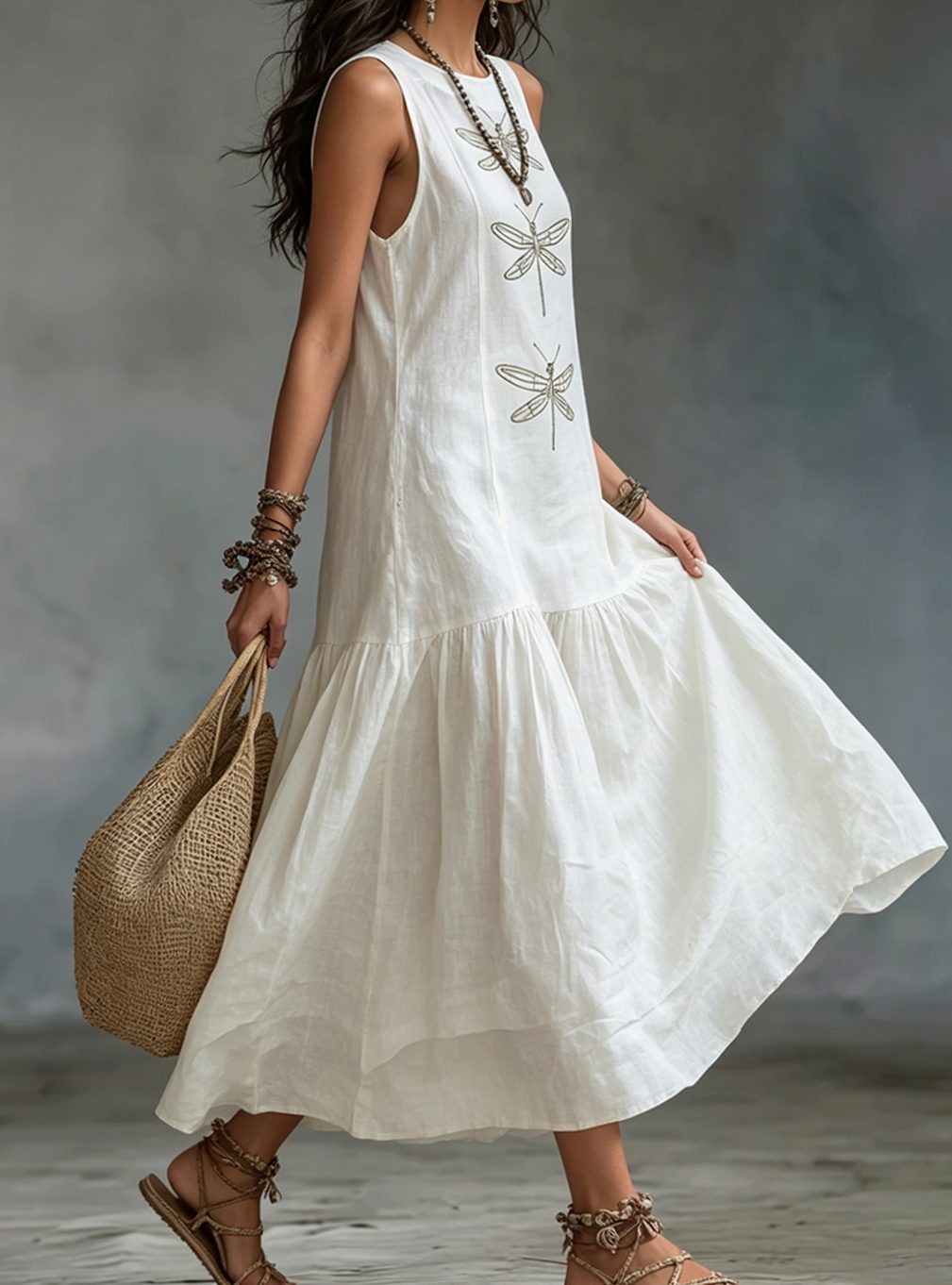 Women's Sleeveless Dragonfly Embroidered Relaxed-Fit Maxi Dress