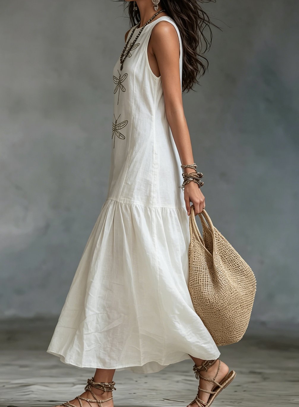 Women's Sleeveless Dragonfly Embroidered Relaxed-Fit Maxi Dress
