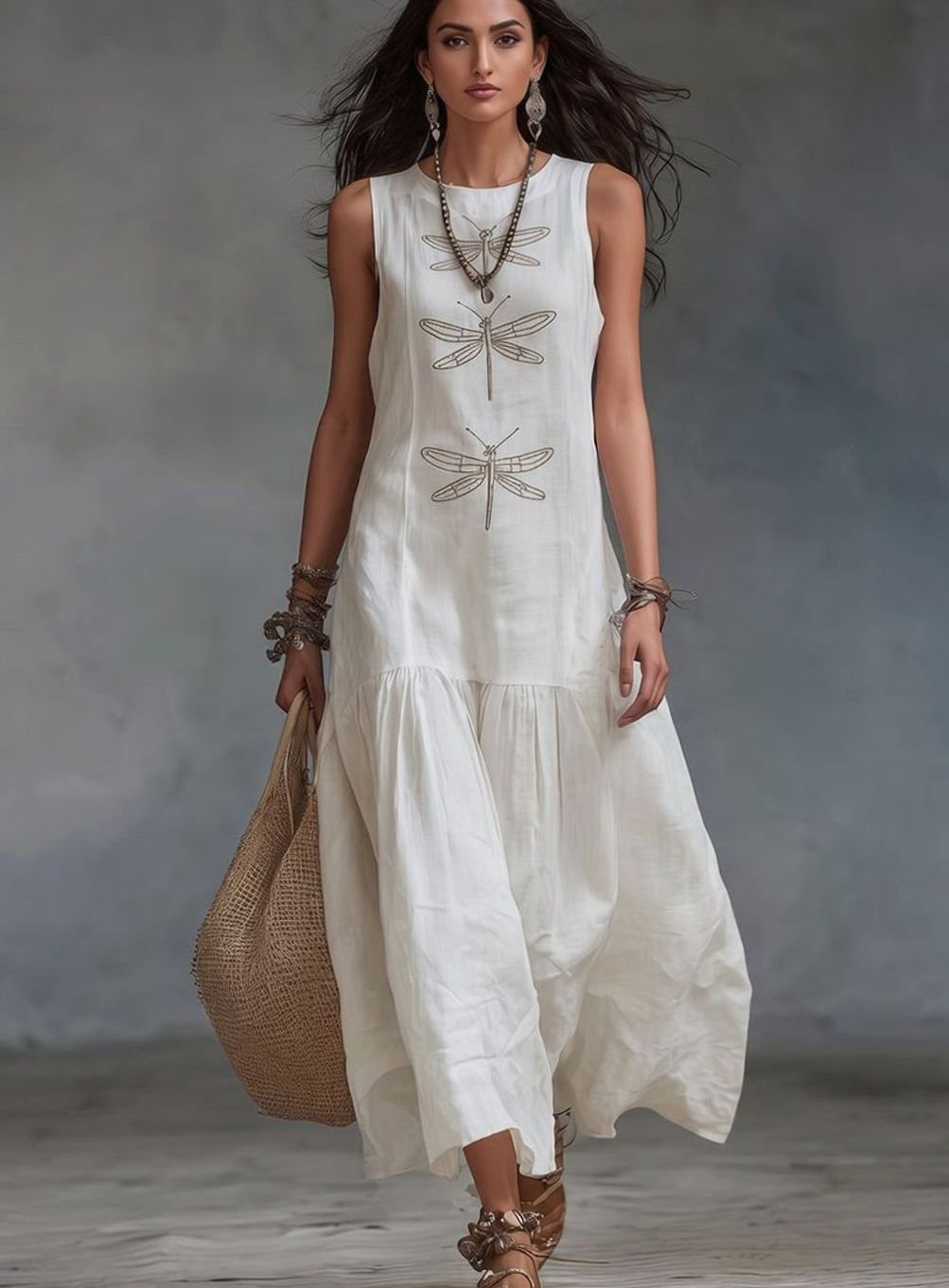 Women's Sleeveless Dragonfly Embroidered Relaxed-Fit Maxi Dress
