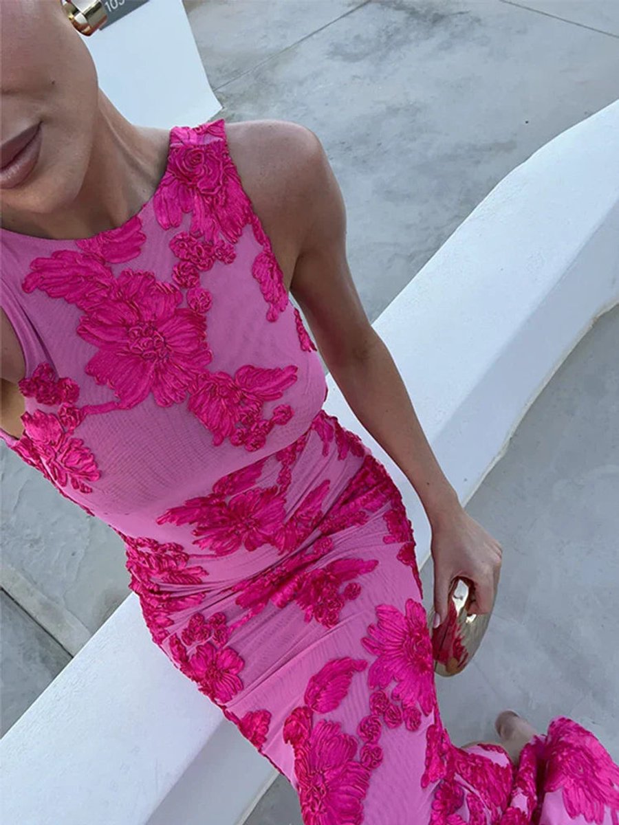 Women's Sleeveless Floral Maxi Dress Bodycon Racerback Gown