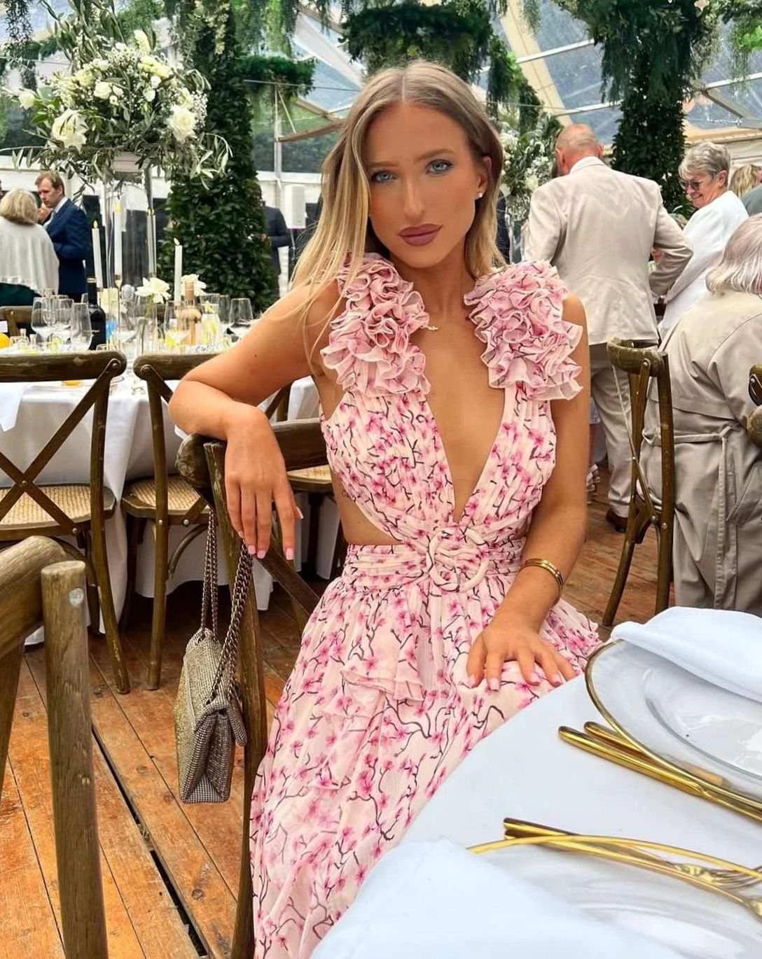 Women's Sleeveless Floral Print Deep-V Ruffle Maxi Dress