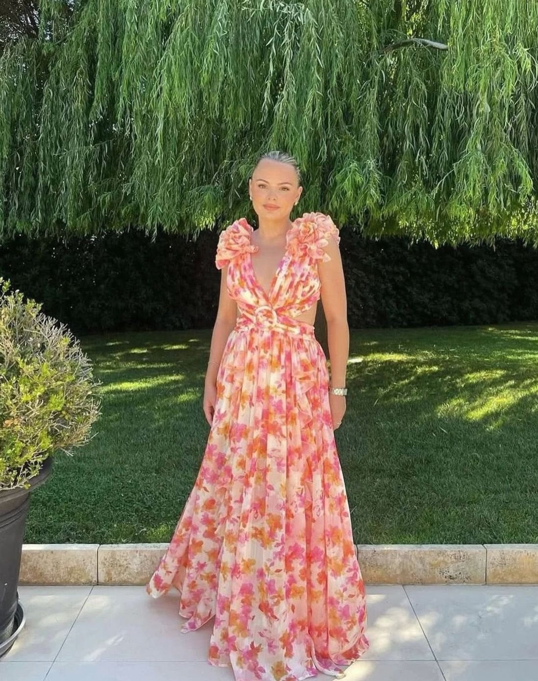 Women's Sleeveless Floral Print Deep-V Ruffle Maxi Dress