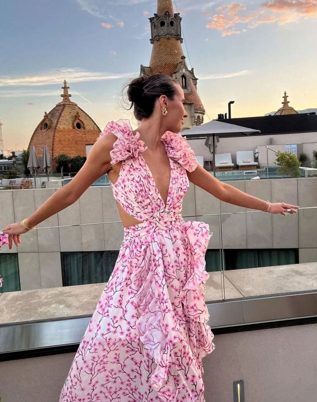 Women's Sleeveless Floral Print Deep-V Ruffle Maxi Dress