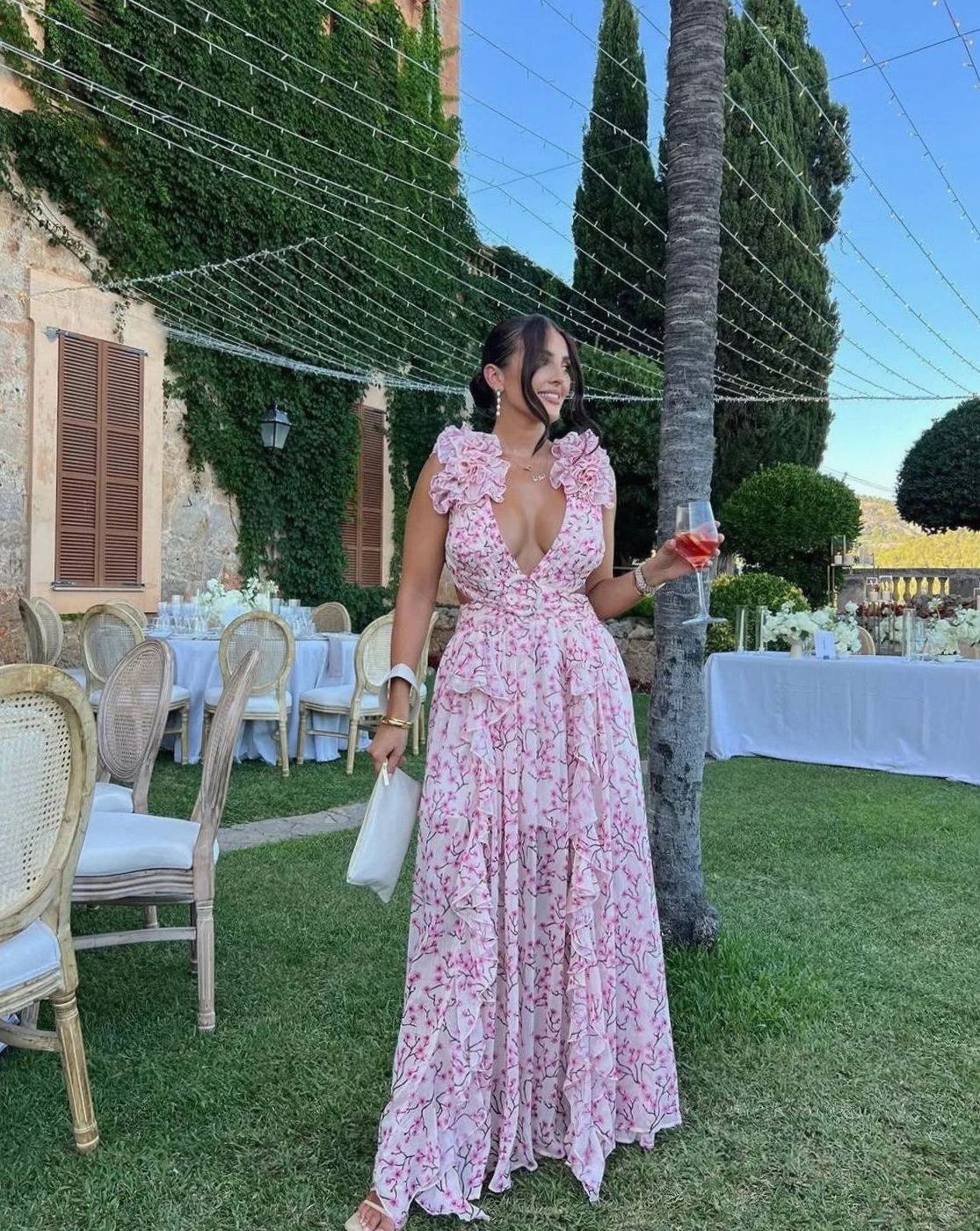 Women's Sleeveless Floral Print Deep-V Ruffle Maxi Dress
