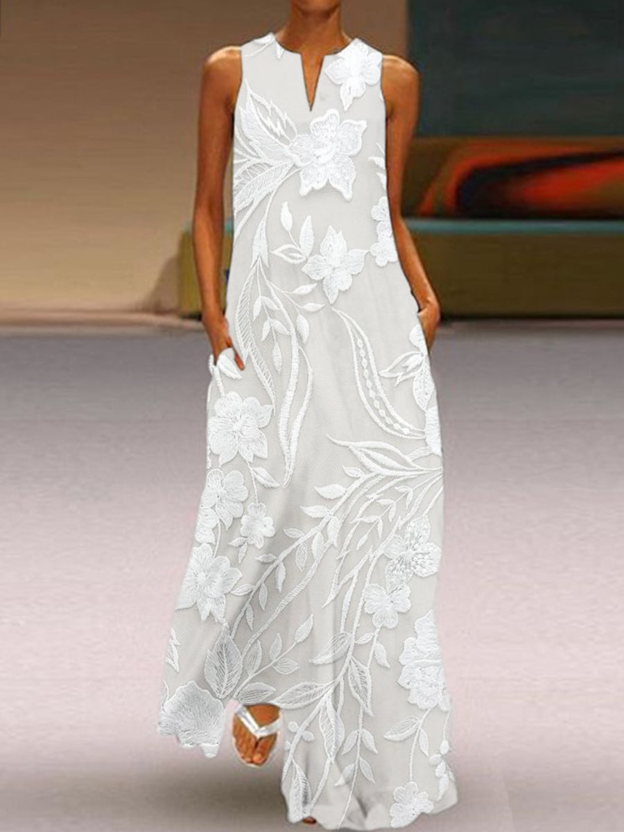 Women's Sleeveless Floral Summer Dress Lace Embroidered Maxi - White