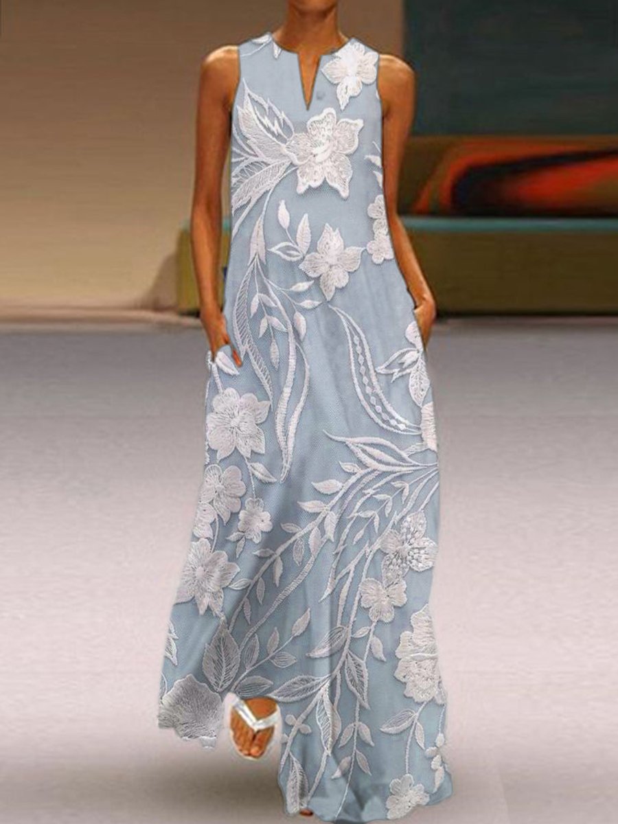 Women's Sleeveless Floral Summer Dress Lace Embroidered Maxi - Blue