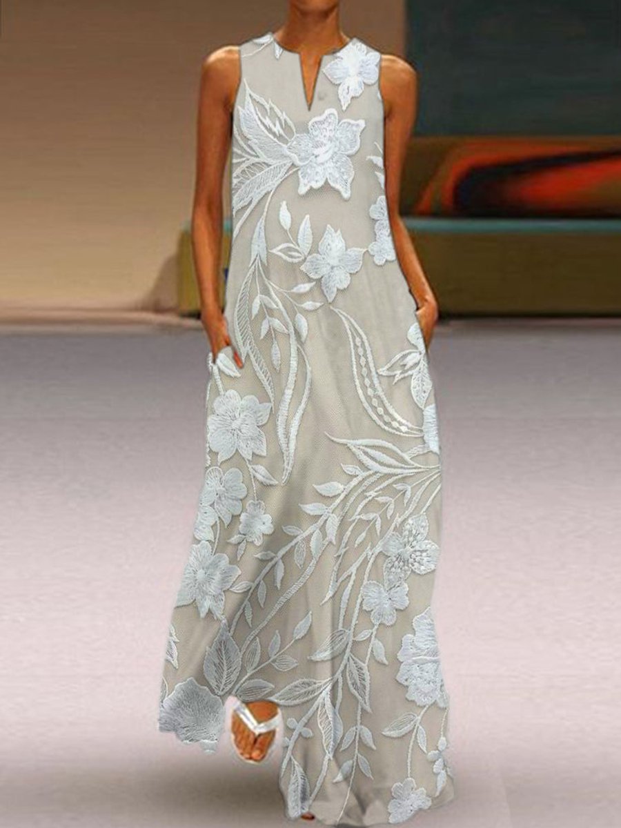 Women's Sleeveless Floral Summer Dress Lace Embroidered Maxi - Khaki