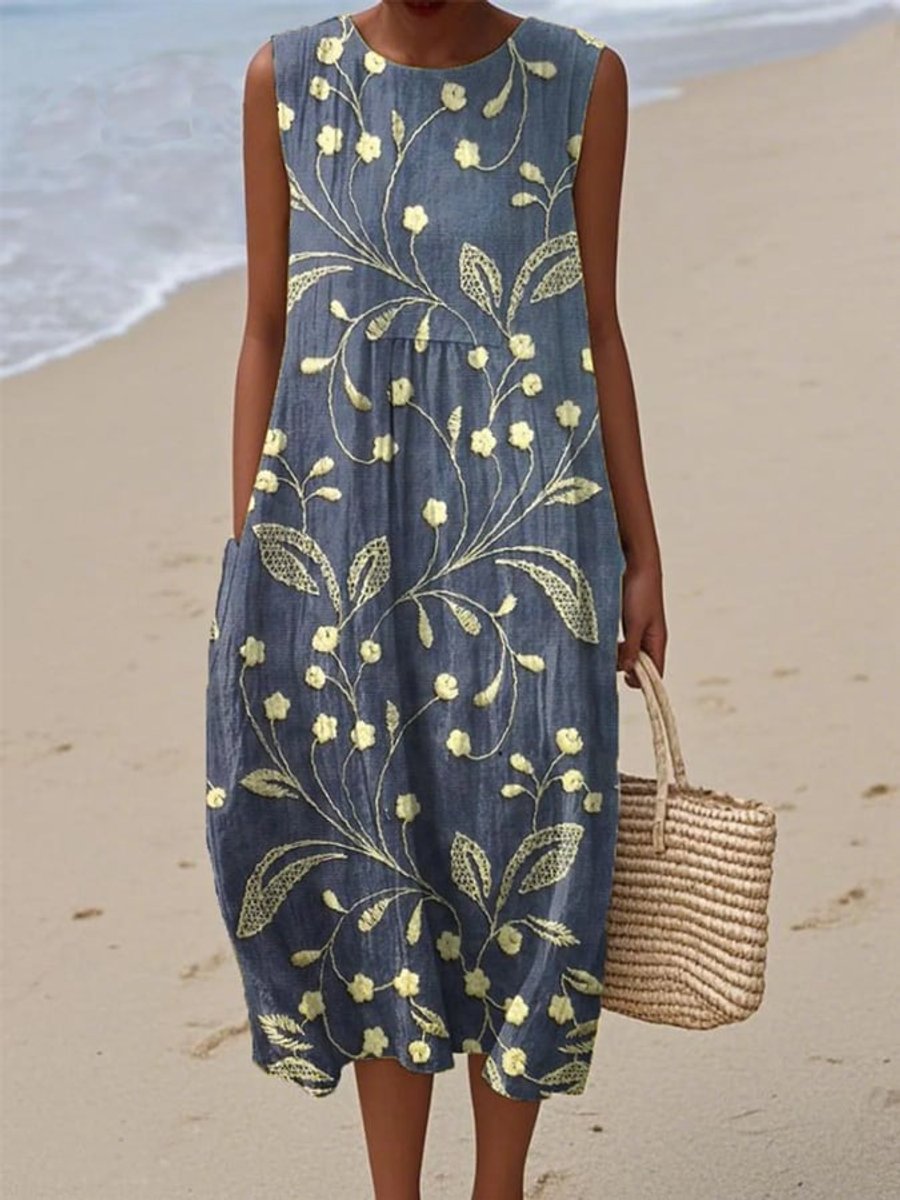 Women's Sleeveless Floral Summer Dress Relaxed Midi Swing - Blue