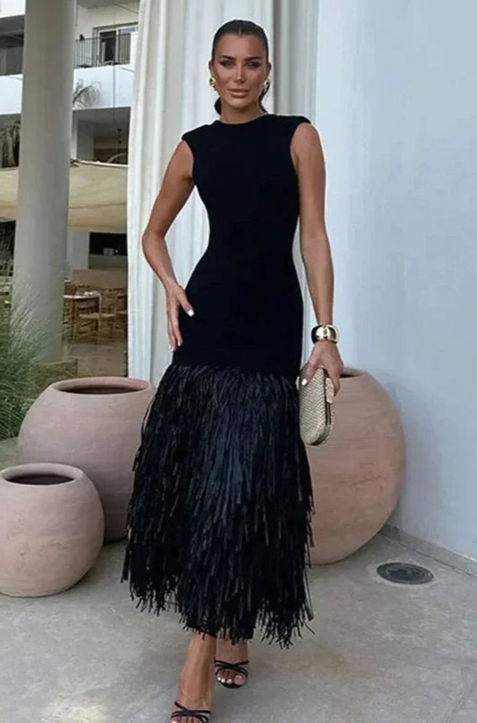 Women's Sleeveless Fringe-Hem Fitted Midi Dress - Black