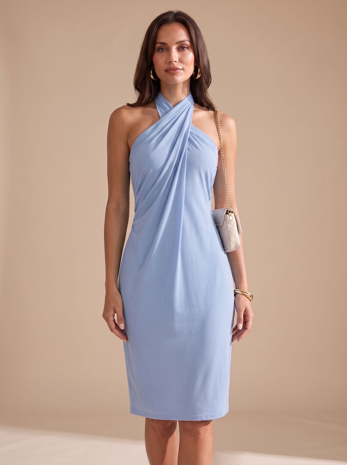 Women's Sleeveless Halter-Neck Criss-Cross Bodycon Midi Dress