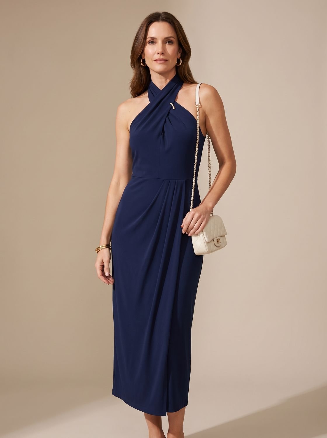 Women's Sleeveless Halter-Neck Criss-Cross Bodycon Midi Dress