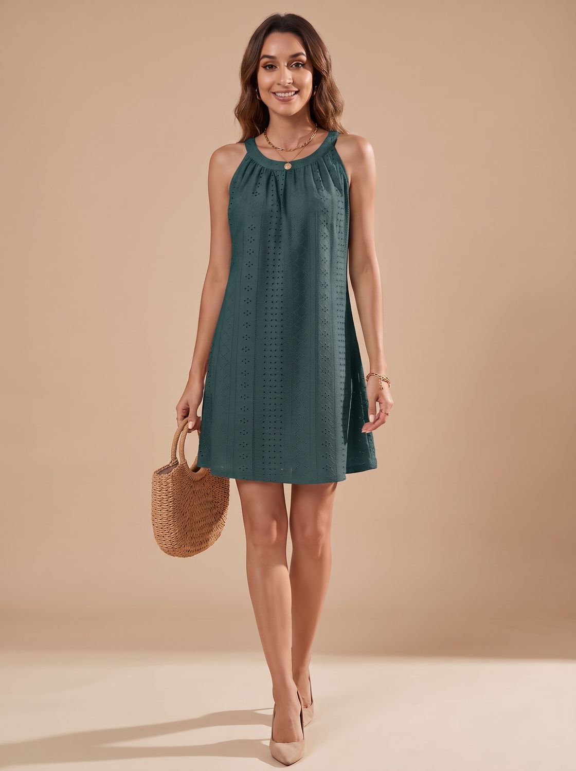 Women's Sleeveless Halterneck A-Line Eyelet Mini Dress