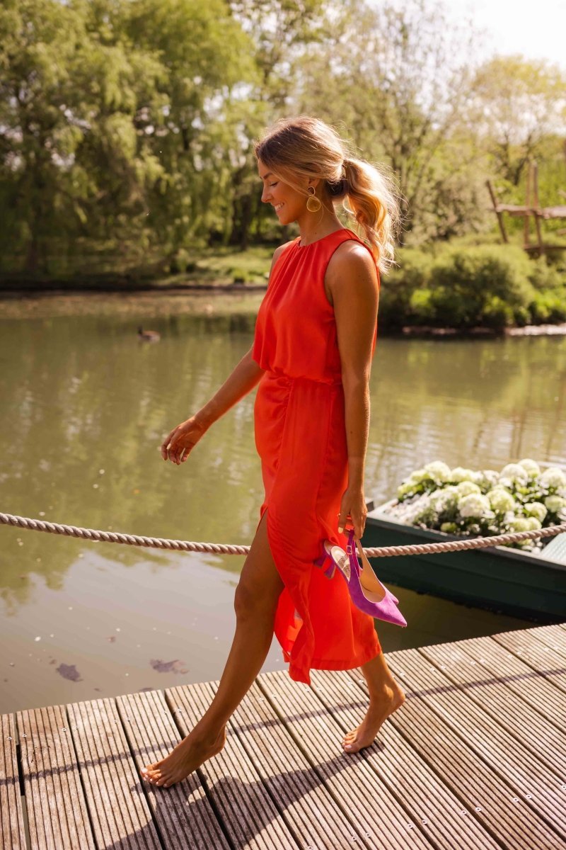 Women's Sleeveless High-Neck Wrap-Detail Summer Midi Dress