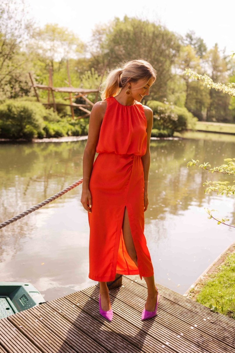 Women's Sleeveless High-Neck Wrap-Detail Summer Midi Dress