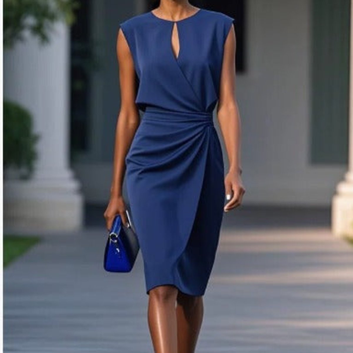 Women's Sleeveless Keyhole-Neck Ruched Waist Midi Dress - Dark Blue