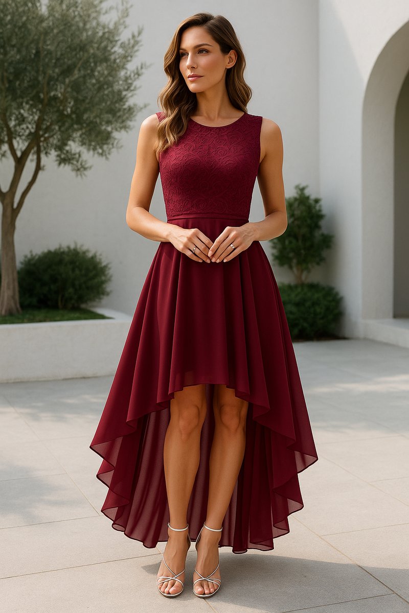 Women's Sleeveless Lace Bodice High-Low Wedding Guest Dress - Deep Red