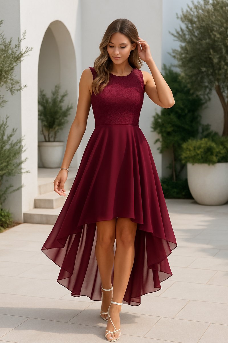 Women's Sleeveless Lace Bodice High-Low Wedding Guest Dress