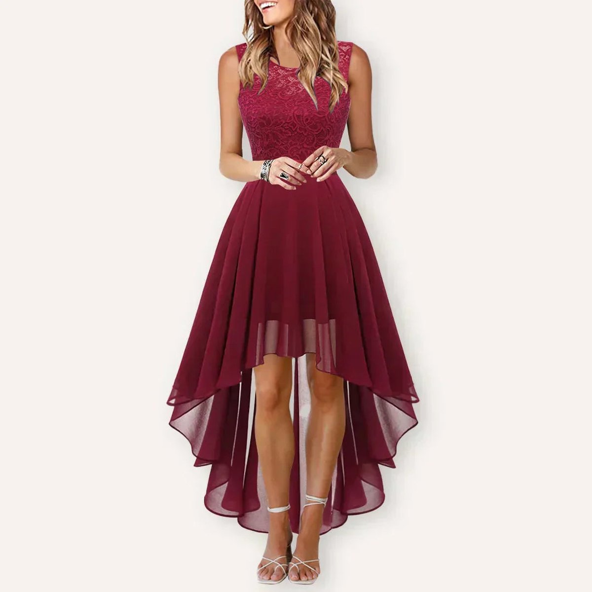 Women's Sleeveless Lace Bodice High-Low Wedding Guest Dress