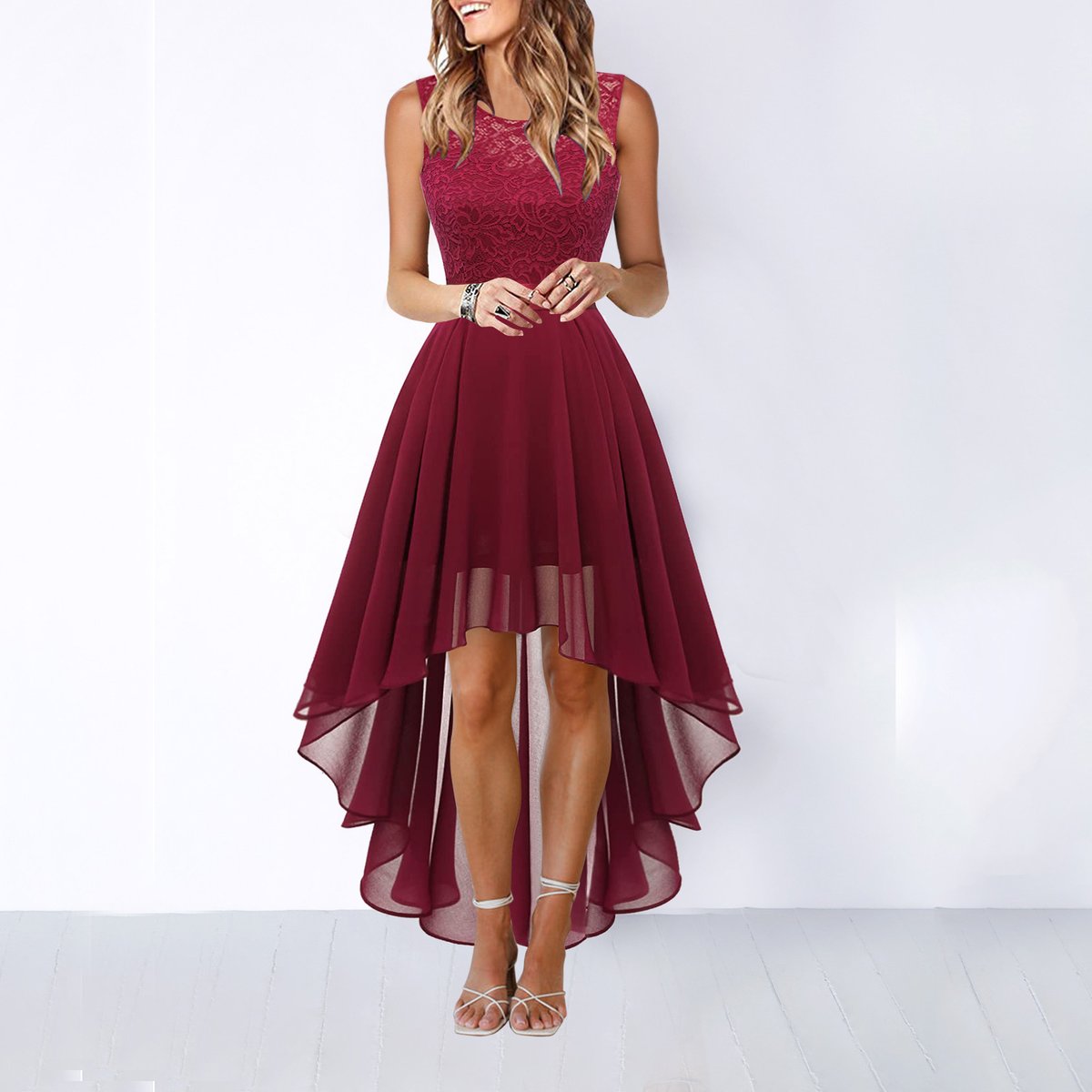 Women's Sleeveless Lace Bodice High-Low Wedding Guest Dress