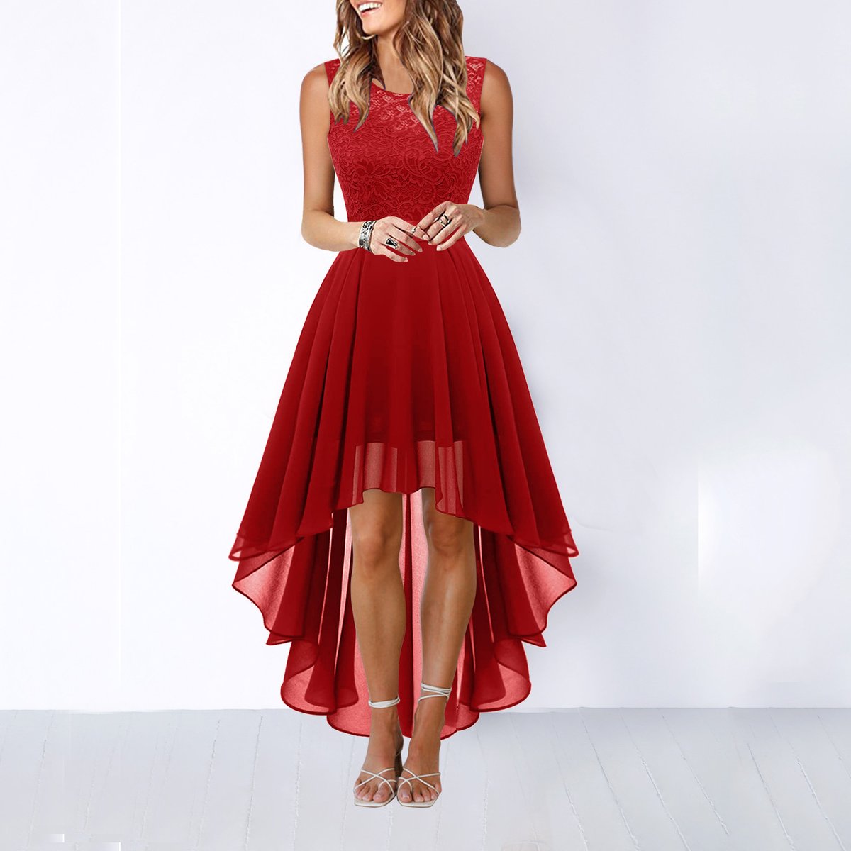Women's Sleeveless Lace Bodice High-Low Wedding Guest Dress - Wine Red
