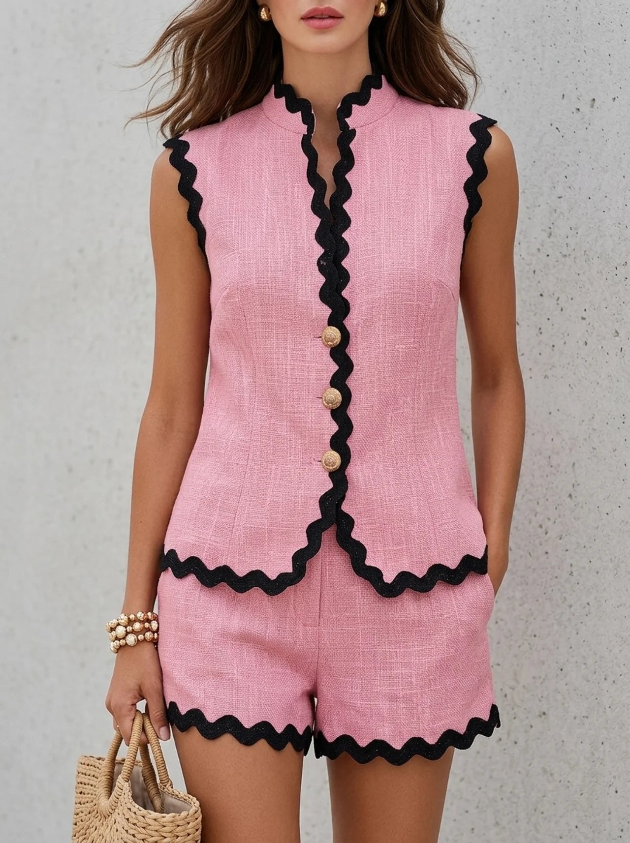 Women's Sleeveless Linen Cotton Scalloped-Edge Two-Piece Set - Rosa