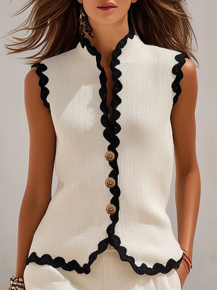Women's Sleeveless Linen Cotton Scalloped-Edge Two-Piece Set