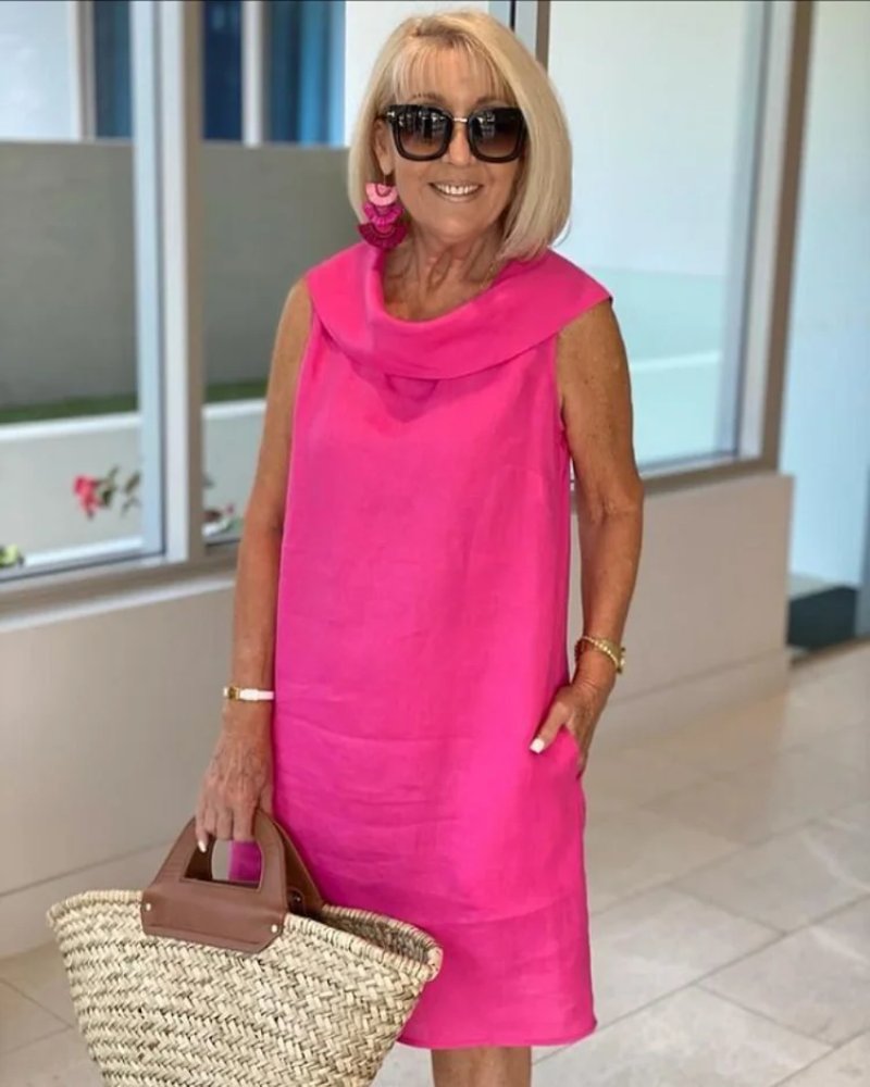 Women's Sleeveless Linen Shift Dress with Wide Neckline - Pink