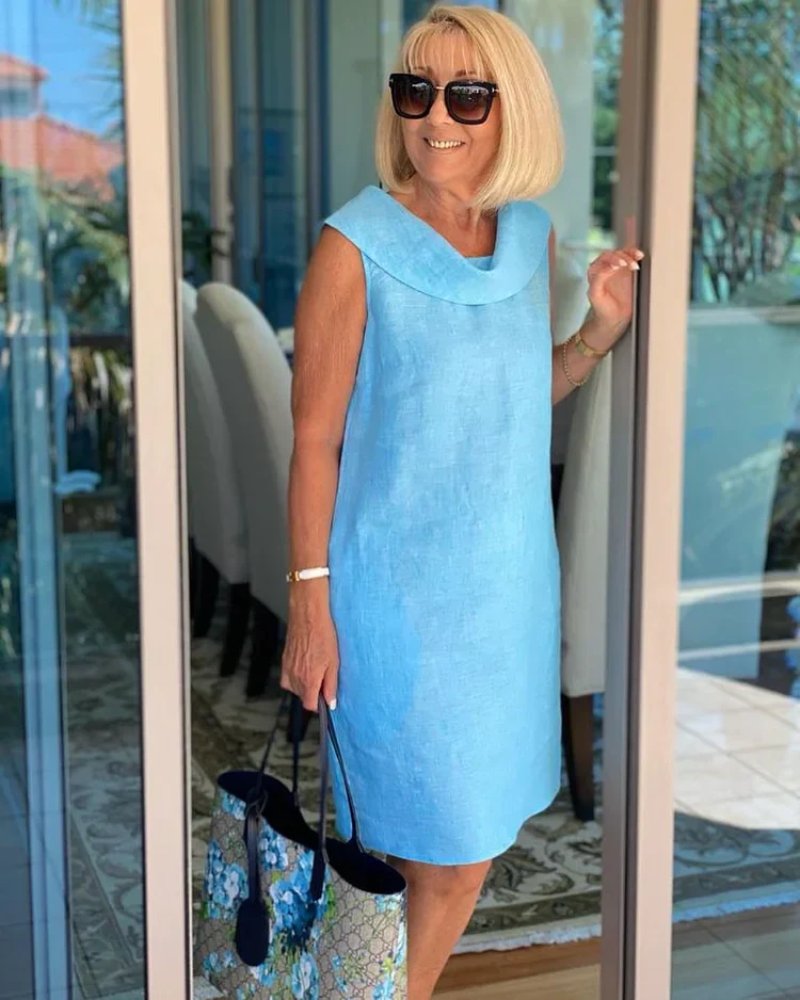 Women's Sleeveless Linen Shift Dress with Wide Neckline - Sky Blue