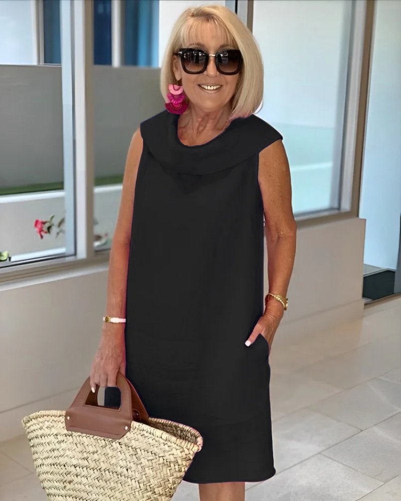 Women's Sleeveless Linen Shift Dress with Wide Neckline - Black