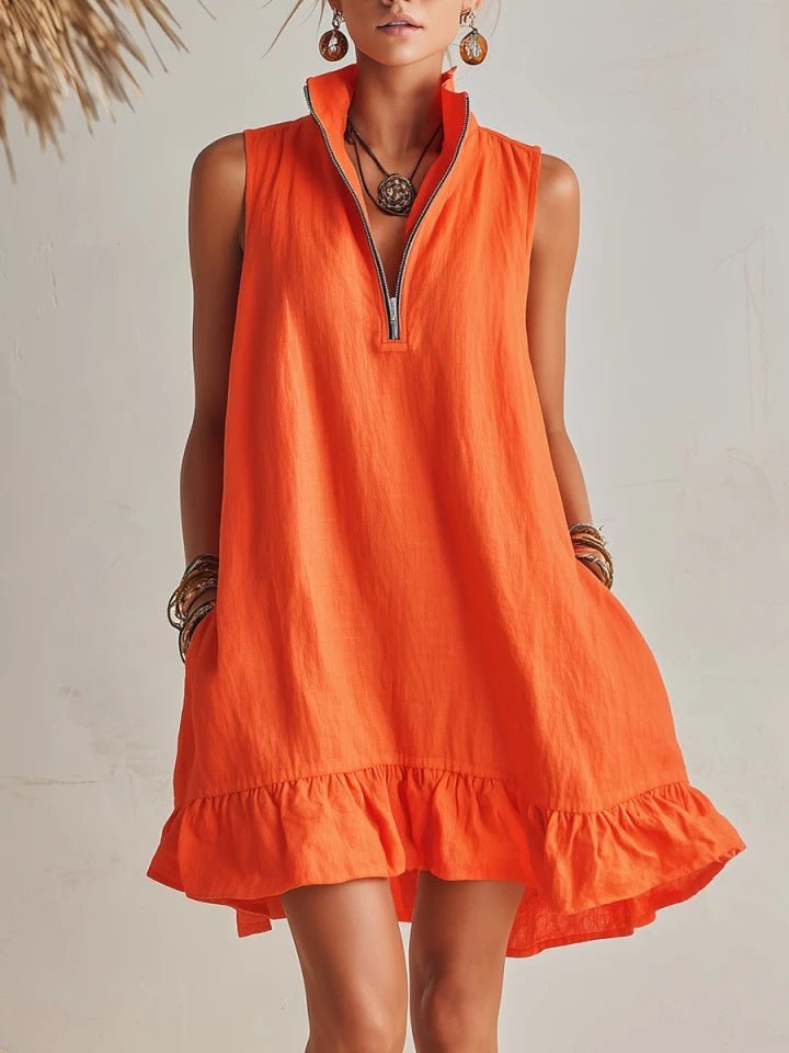 Women's Sleeveless Linen Stand-Collar Zip-Front Ruffle Mini Dress - Orange