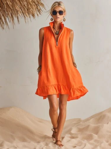 Women's Sleeveless Linen Stand-Collar Zip-Front Ruffle Mini Dress