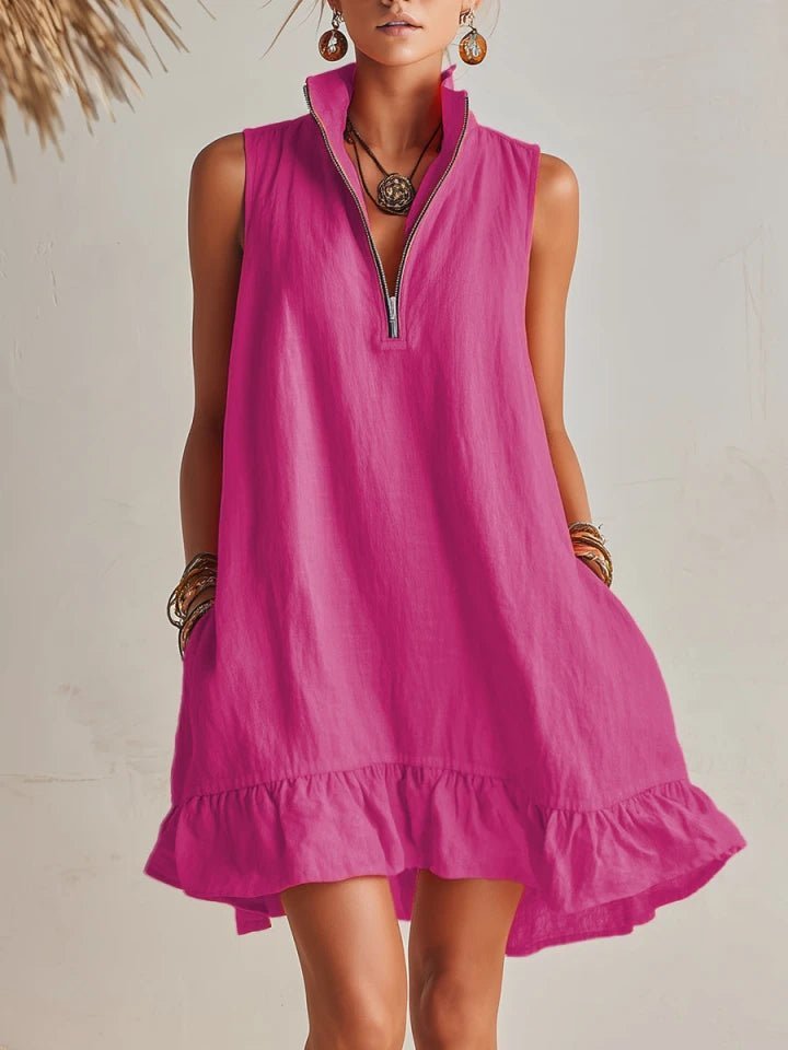 Women's Sleeveless Linen Stand-Collar Zip-Front Ruffle Mini Dress - Magenta