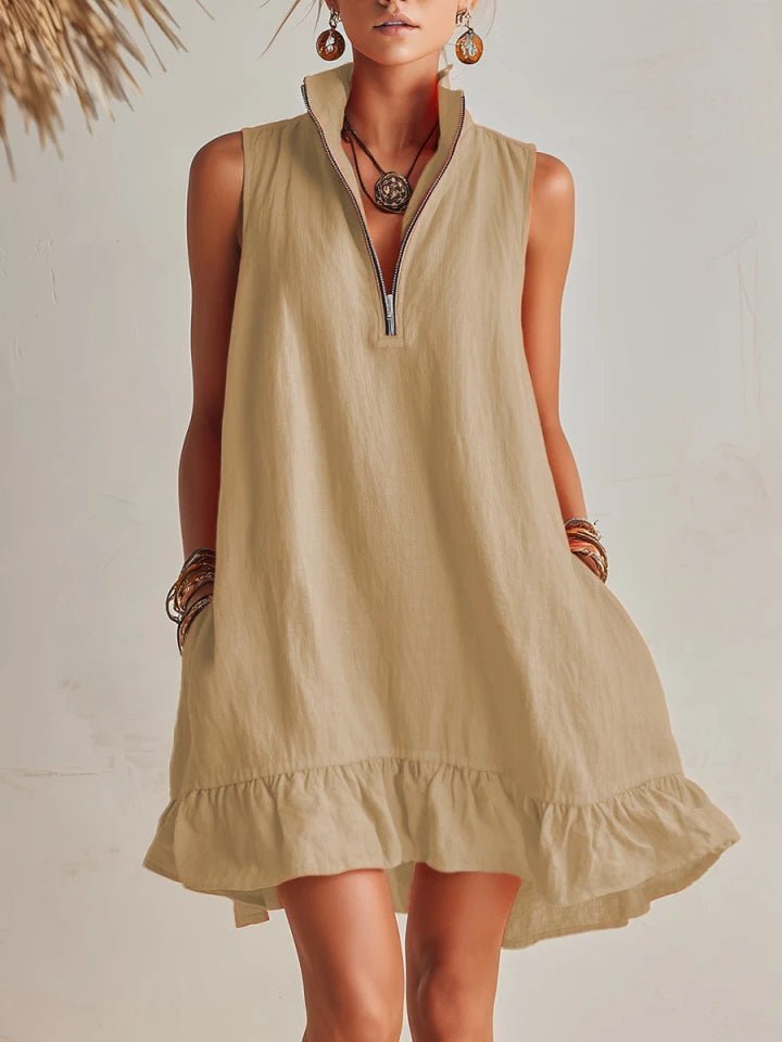 Women's Sleeveless Linen Stand-Collar Zip-Front Ruffle Mini Dress - Helles Khaki