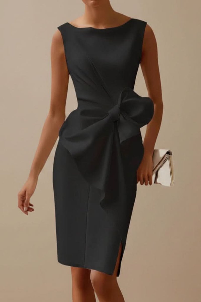 Women's Sleeveless Midi Evening Gown Bow-Detail Bodycon Dress - Black