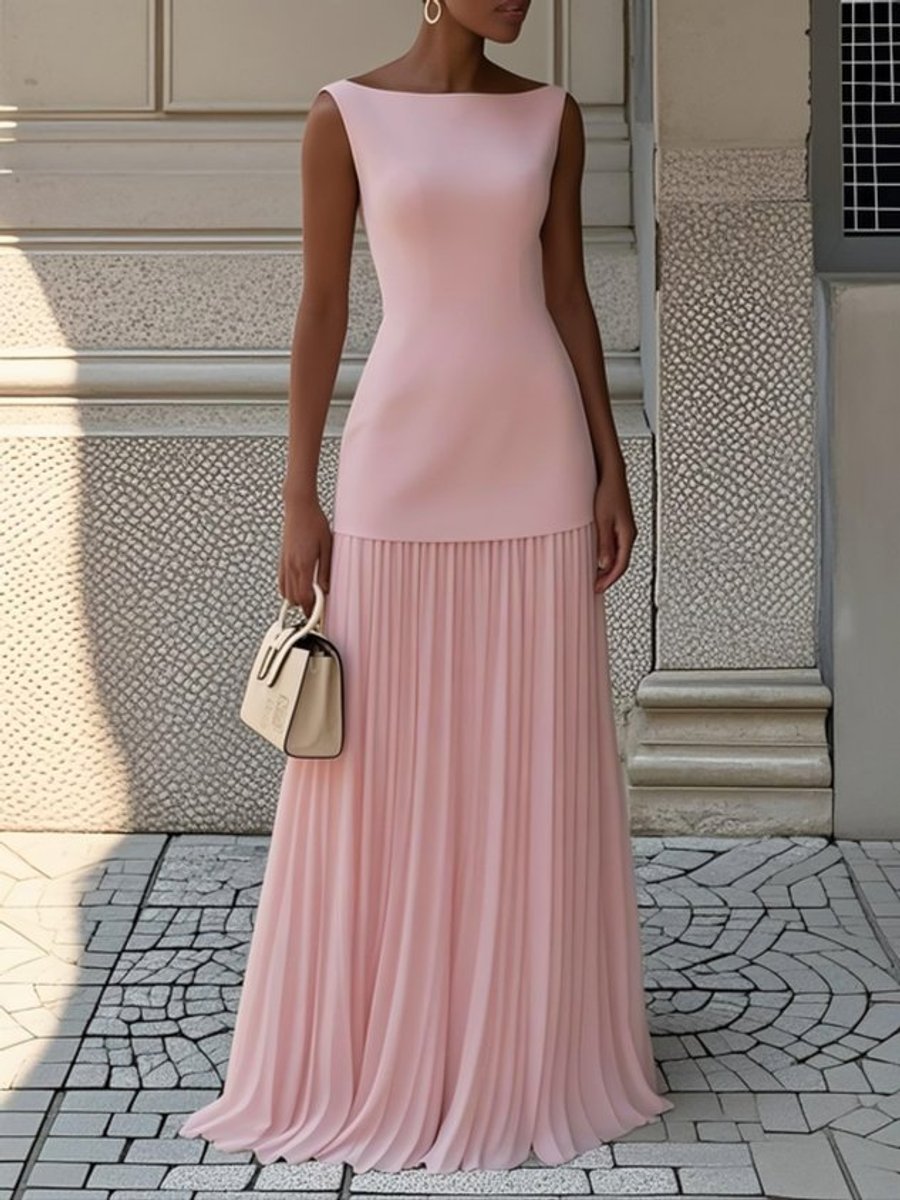 Women's Sleeveless Pleated Maxi Formal & Evening Dress - Pink