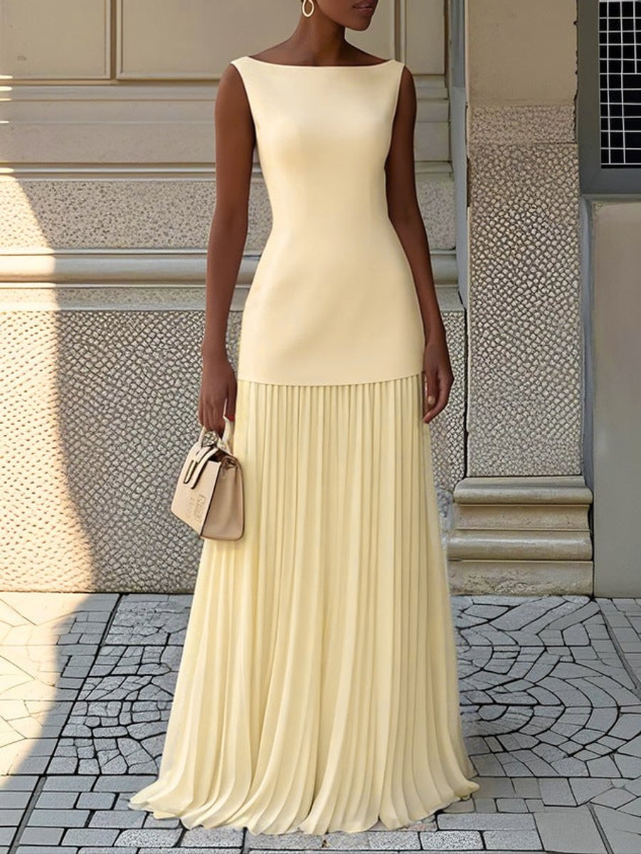 Women's Sleeveless Pleated Maxi Formal & Evening Dress - Light Yellow