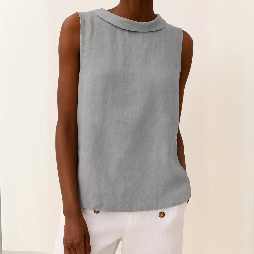 Women's Sleeveless Roll Neck Linen Blouse - Grey