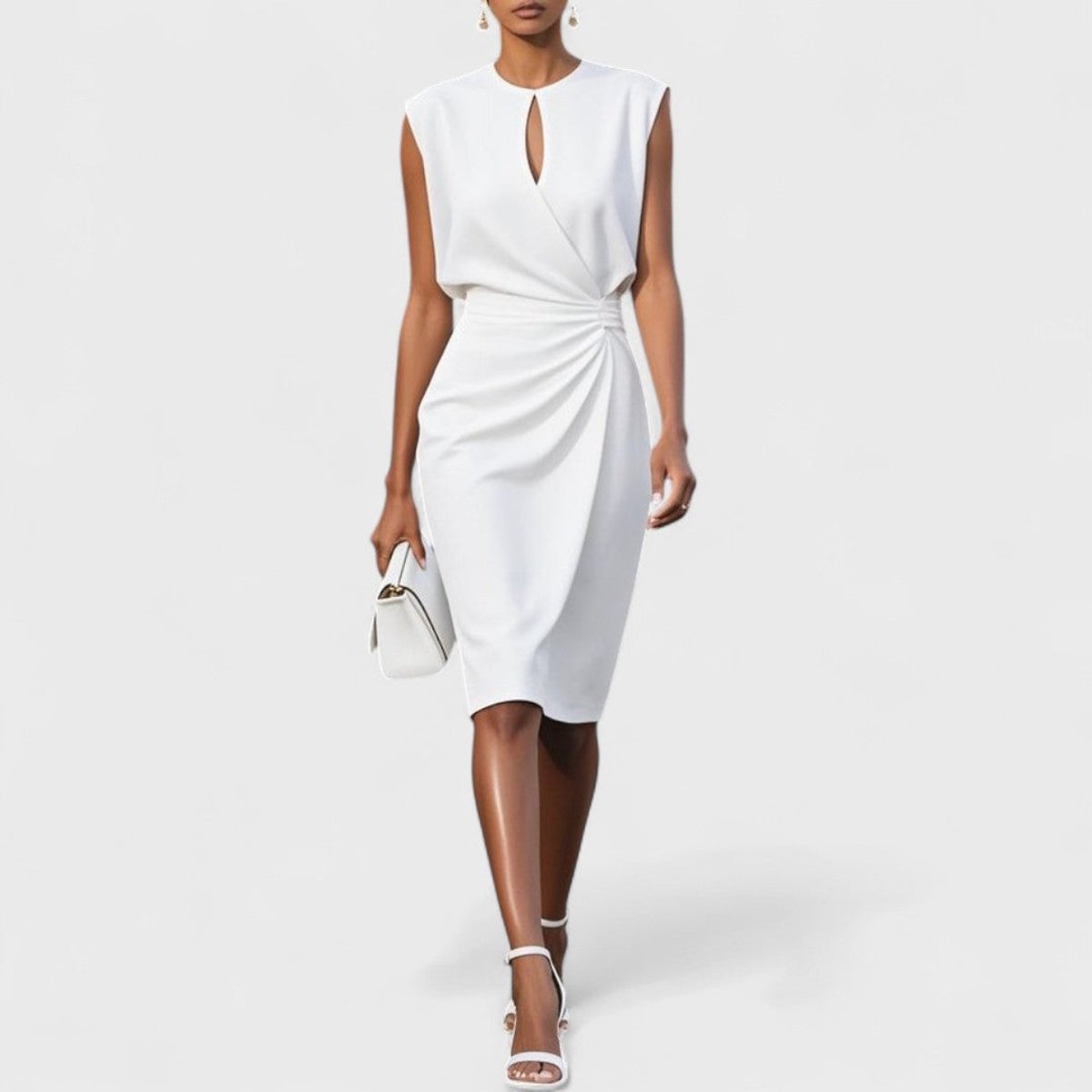 Women's Sleeveless Ruched Waist Keyhole Formal & Evening Dress - White