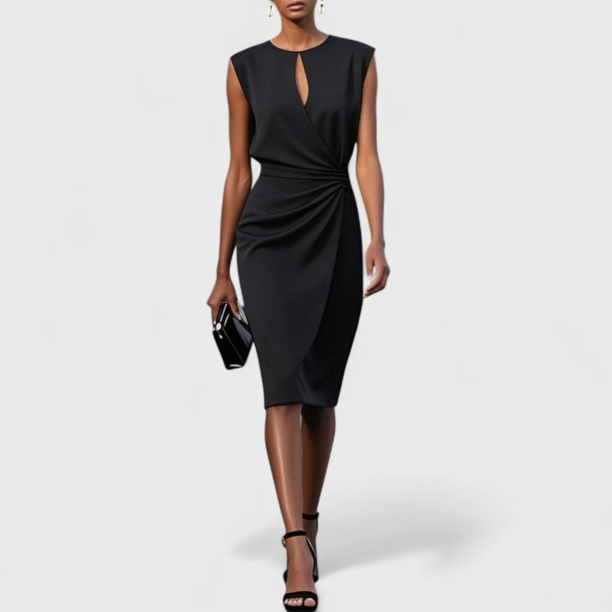Women's Sleeveless Ruched Waist Keyhole Formal & Evening Dress - Black