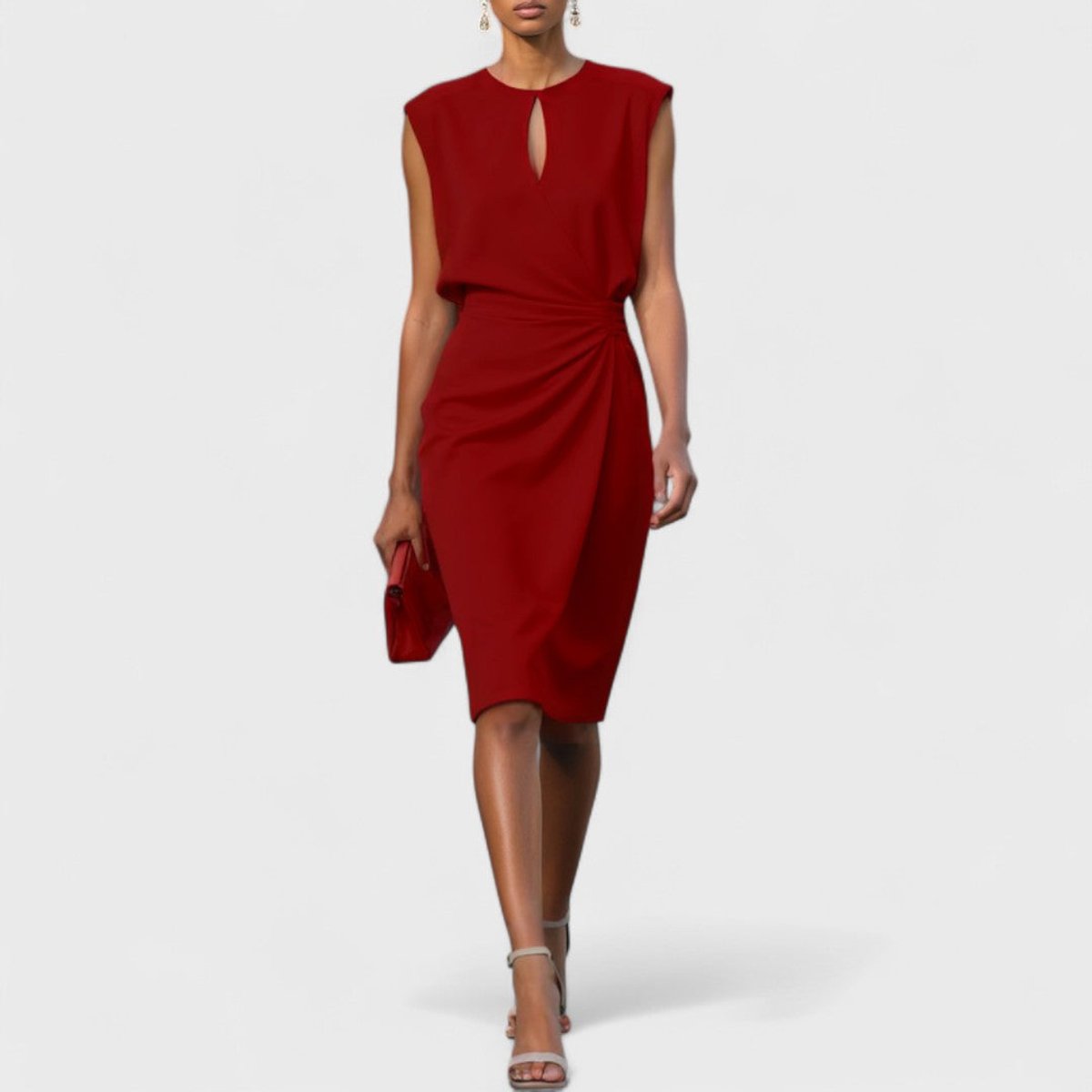 Women's Sleeveless Ruched Waist Keyhole Formal & Evening Dress - Red